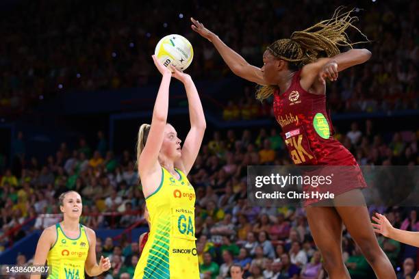 Sophie Dwyer of Australia shoots during game three of the International Test Match series between the Australia Diamonds and England Roses at...