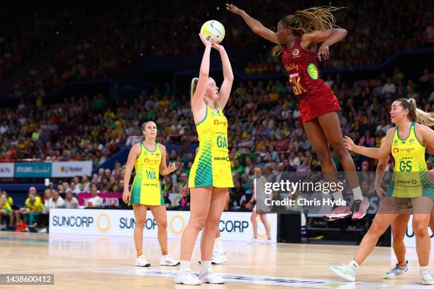 Sophie Dwyer of Australia shoots during game three of the International Test Match series between the Australia Diamonds and England Roses at...