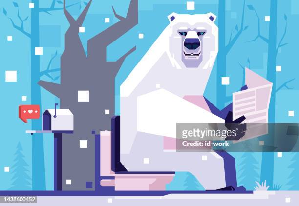 ilustraciones, imágenes clip art, dibujos animados e iconos de stock de oso polar encuentra el icono de notificación de mensaje en el buzón mientras está sentado en la taza del inodoro y lee el periódico - diarrhea