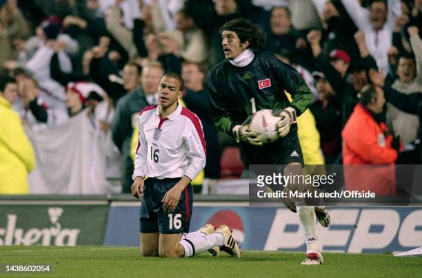 April 2003, Sunderland - UEFA European Championship - England v Turkey - England substitute Kieron Dyer on his knees as theTurkish goalkeeper Recber...