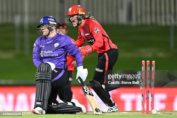 Josie Dooley of the Renegades celebrates the wicket of Lizelle Lee of the Hurricanes during the Women's Big Bash League match between the Hobart...