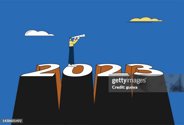 ilustraciones, imágenes clip art, dibujos animados e iconos de stock de los puestos de cuello blanco miran hacia el futuro en 2023. - forecast stock illustrations