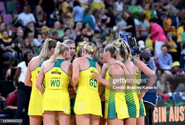 The Australian team embrace after game three of the International Test Match series between the Australia Diamonds and England Roses at Brisbane...