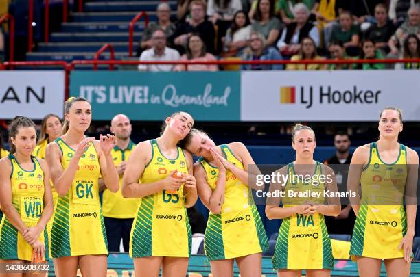 The Australian players stand together after game three of the International Test Match series between the Australia Diamonds and England Roses at...
