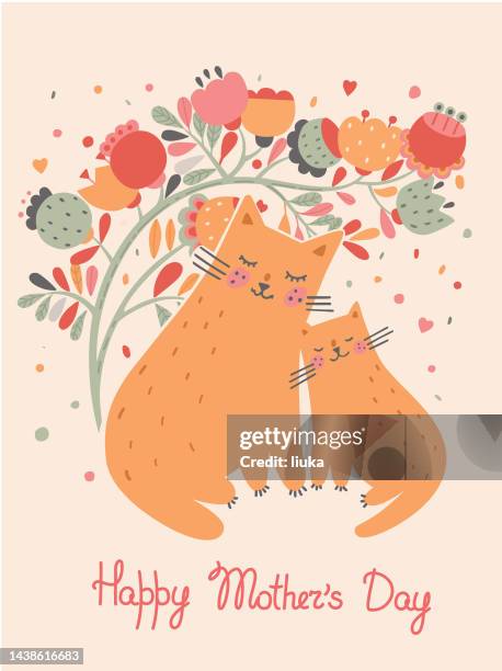 ilustraciones, imágenes clip art, dibujos animados e iconos de stock de composición de mamá gato y gatito bebé para una tarjeta de felicitación - mothers day text art
