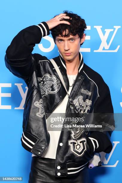 Troye Sivan attends the Louis Vuitton SEE LV exhibition opening on November 03, 2022 in Sydney, Australia.