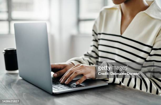 laptop, hands typing and woman in home office writing report, email or social media content at desk. blogging, freelancer or remote work at table on computer working online, planning or web search. - table of content stock pictures, royalty-free photos & images