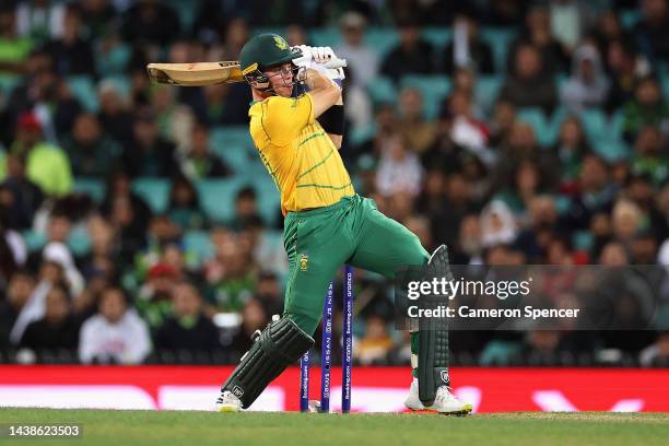 Tristan Stubbs of South Africa bats during the ICC Men's T20 World Cup match between Pakistan and South Africa at Sydney Cricket Ground on November...