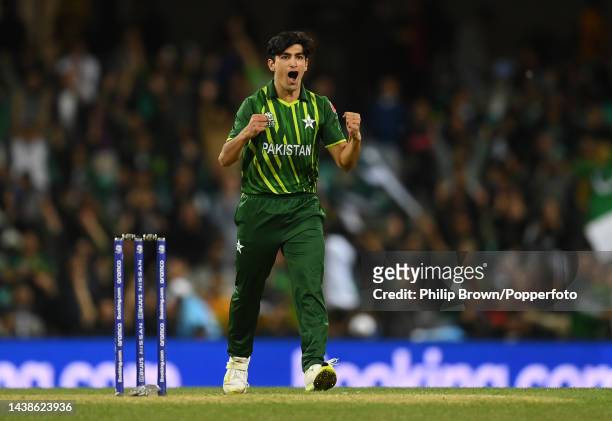 Naseem Shah of Pakistan celebrates after dismissing Tristan Stubbs during the ICC Men's T20 World Cup match between Pakistan and South Africa at...