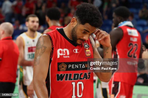 Corey Webster of the Wildcats looks on after being defeated during the round six NBL match between Perth Wildcats and Tasmania Jackjumpers at RAC...