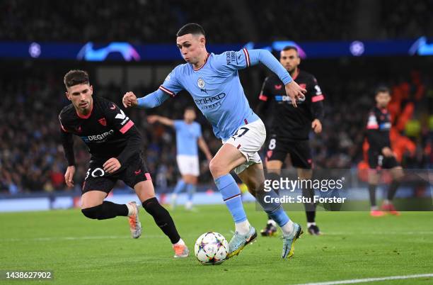 Manchester City player Phil Foden in action during the UEFA Champions League group G match between Manchester City and Sevilla FC at Etihad Stadium...