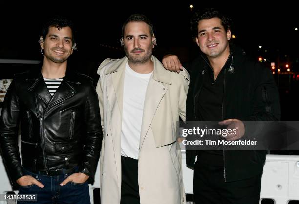 Julio Ramírez, Jesús Navarro, and Bibi Marín of Reik pose at the Uptown Theatre during the 2022 Live in the Vineyard at on November 02, 2022 in Napa,...