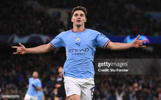 Manchester City player Julian Alvarez celebrates after scoring the second City goal during the UEFA Champions League group G match between Manchester...