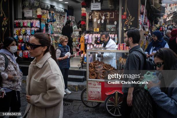 Man sells Simit on a street corner on November 03, 2022 in Istanbul, Turkey. Turkey's official inflation rate topped 85.5% in October according to...