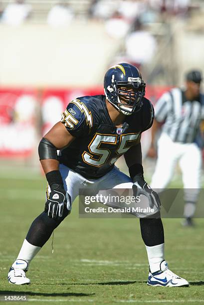 Linebacker Junior Seau of the San Diego Chargers gets set for play during the game against the Arizona Cardinals on September 22, 2002 at Sun Devil...