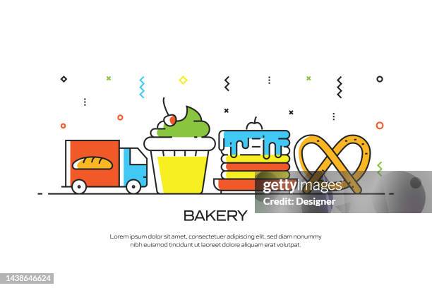 bakery related line style banner design for web page, headline, brochure, annual report and book cover - creme eggs stock illustrations