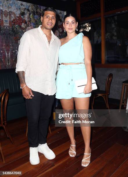 Tim Kelly and girlfriend Caitlin Miller are seen arriving at the Clarences Company Store Influencer Event on November 3 2022, in Perth, Australia.