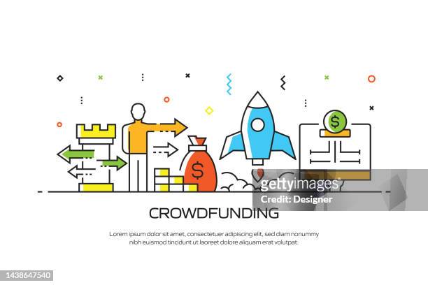 crowdfunding related line style banner design for web page, headline, brochure, annual report and book cover - sponsorship brochure stock illustrations