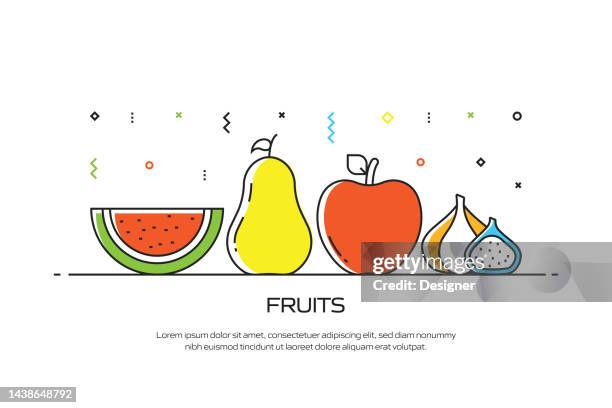 fruits related line style banner design for web page, headline, brochure, annual report and book cover - green apple slices stock illustrations