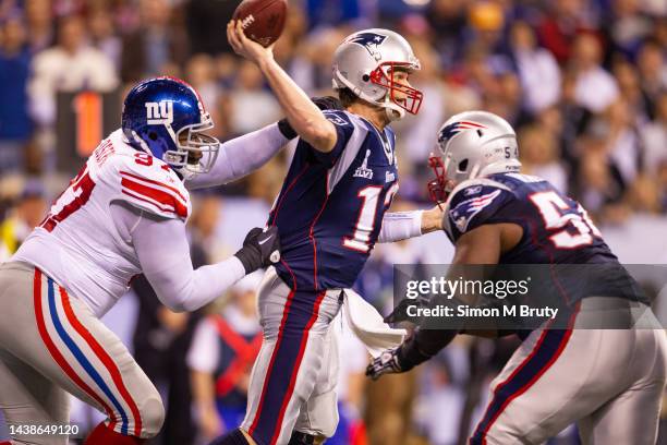 Tom Brady quarterback of the New England Patriots in action against the New York Giants in the Super Bowl XLVI . The New York Giants defeated the New...