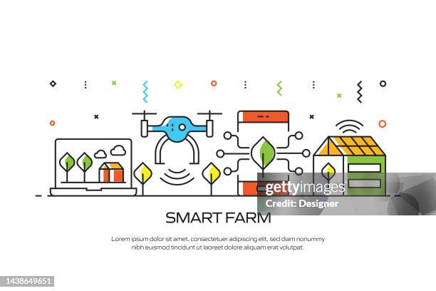 smart farm related line style banner design for web page, headline, brochure, annual report and book cover - food processing plant stock illustrations