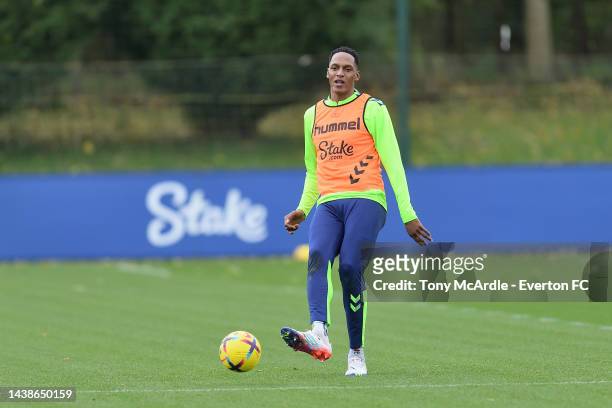 Yerry Mina during the Everton Training Session at Finch Farm on November 02, 2022 in Liverpool, England.