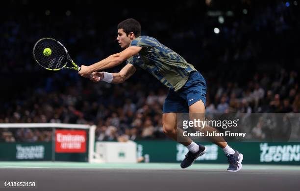 Carlos Alcaraz of Spain in action against Grigor Dimitrov of Bulgaria in the third round during Day Four of the Rolex Paris Masters tennis at Palais...