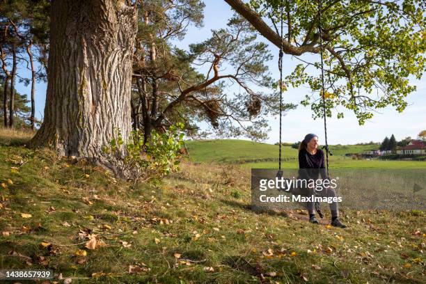 senior woman tree swing - woman on swing stock pictures, royalty-free photos & images