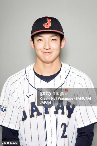 Soichiro Yamazaki of Samurai Japan poses on November 03, 2022 in Tokyo, Japan.