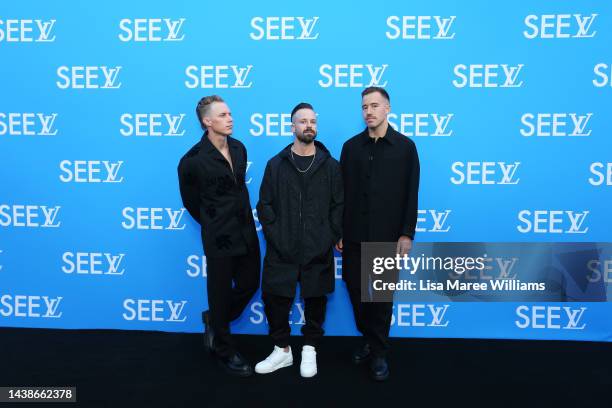 Tyrone Lindqvist, Jon George and James Hunt from Rüfüs Du Sol attends the Louis Vuitton SEE LV exhibition opening on November 03, 2022 in Sydney,...