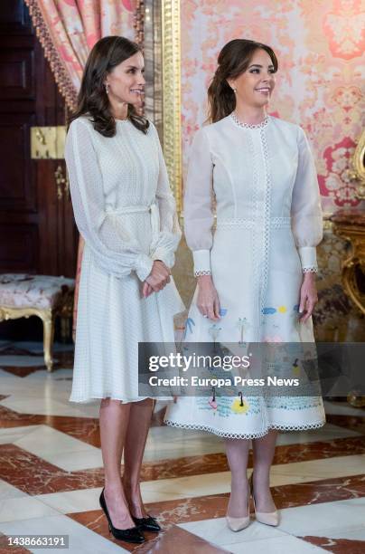 Queen Letizia , with the First Lady of Paraguay, Silvana Lopez , before a lunch, at the Zarzuela Palace, on November 3 in Madrid, Spain. Before the...