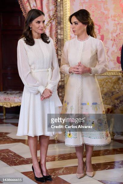 Queen Letizia of Spain and the wife of the President of Paraguay Silvana Lopez Moreira during the lunch offered by the Spanish Royals to the...