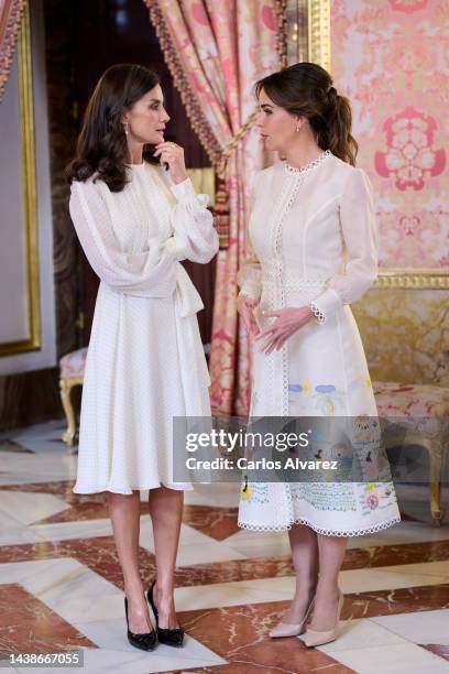 Queen Letizia of Spain and the wife of the President of Paraguay Silvana Lopez Moreira during the lunch offered by the Spanish Royals to the...