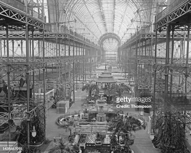 Interior view of the Crystal Palace, a cast iron and plate glass structure, during preparations for the structure to be repurposed as the Imperial...