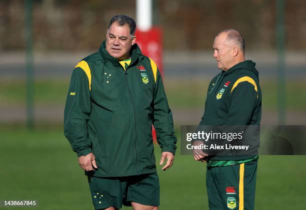 Mal Meninga the head coach of Australia looks on during the Kangaroos Captain's Run at AJ Bell Stadium on November 03, 2022 in Salford, England.