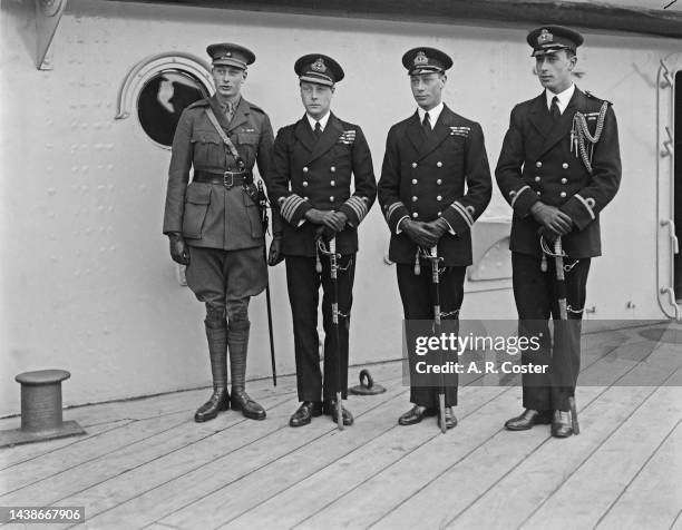 British Royals Prince Henry , Edward, Prince of Wales , George, Duke of York , and Louis Mountbatten on board an ship ahead of their departure from...