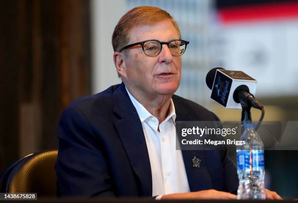 Owner Bruce Sherman of the Miami Marlins speaks to the media during the introductory press conference for Manager Skip Schumaker at loanDepot park on...