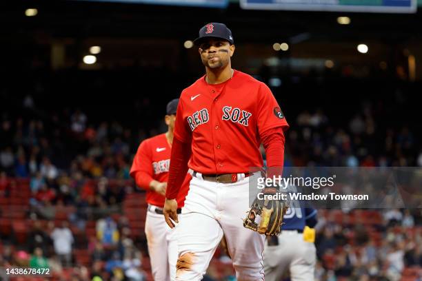 Xander Bogaerts of the Boston Red Sox during the fourth inning against the Tampa Bay Rays at Fenway Park on October 5, 2022 in Boston, Massachusetts.