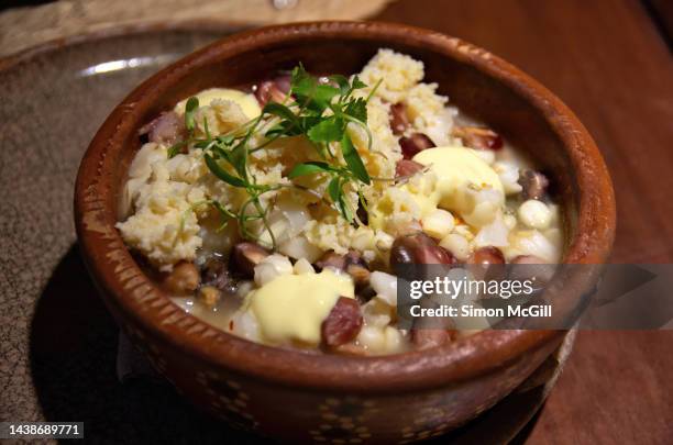 esquites de maíz rojo, azul, criollo y pozolero, mayonesa de vegana y queso de almendras (mix of red, blue, creole and pozolero corn with vegan mayonnaise and almond cheese) - vegana 個照片及圖片檔