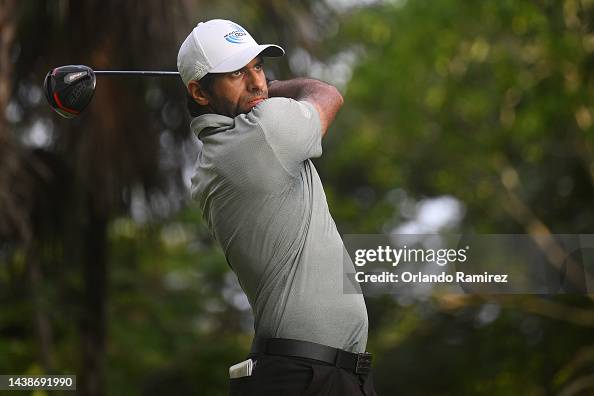 Aaron Rai Tee Aaron Rai of England plays his shot from the 13th tee during the ...