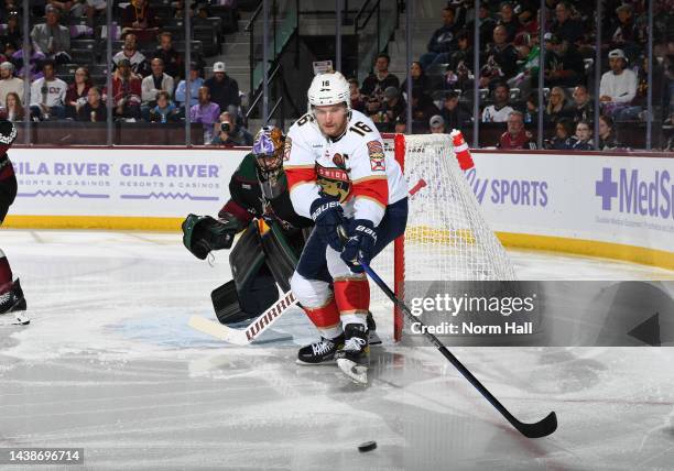 Aleksander Barkov of the Florida Panthers skates with the puck against the Arizona Coyotes at Mullett Arena on November 01, 2022 in Tempe, Arizona.