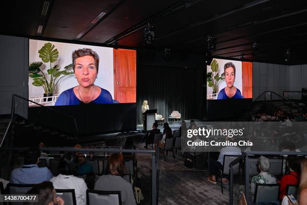 Christiana Figueres gives the Opening Address virtually during Global Fashion Summit: Singapore Edition 2022 at the Hilton Singapore Orchard on...