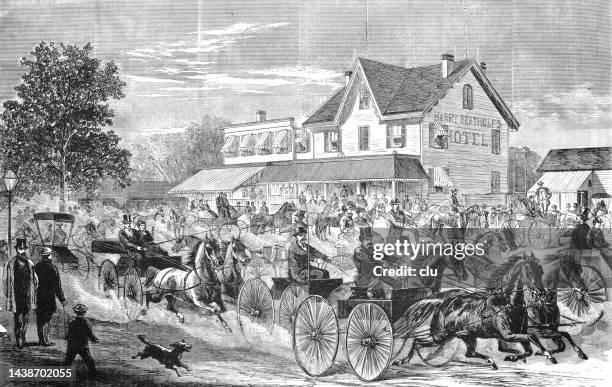 new york city, harlem lane crowded with horsedrawn carriages, 1868 - 1868 stock illustrations