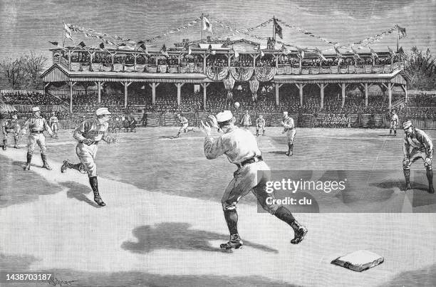 new york city,  baseball at the polo grounds 1886 - polo stock illustrations
