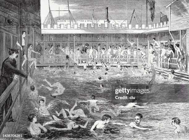 new york city, public bath for men, the pool, 1870 - boy bath stock illustrations