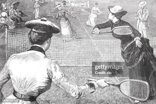 new york city,  tennis in prospect park, 1885 - tennis net stock illustrations