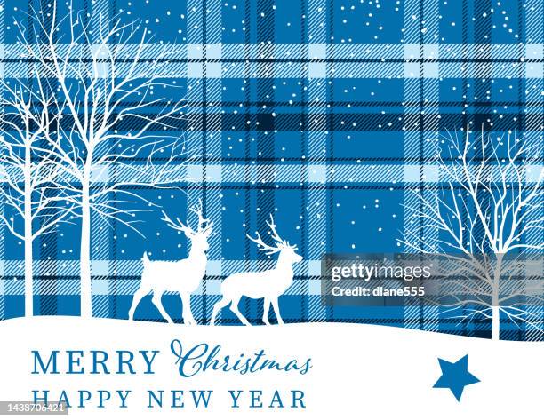 merry christmas happy new year template. with winteer deer on plaid - christmas tartan stock illustrations