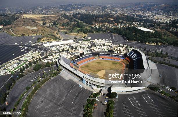 Helicopter photograph Dodger Stadium looking towards East Los Angeles March 20, 1989