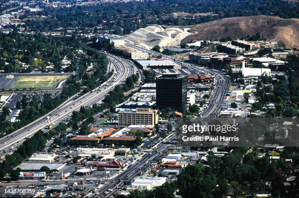 Helicopter photograph of Woodland Hills in the San Fernando Valley, Ventura Boulevard on the right and the Ventura Freeway 101 on the left March 20,...