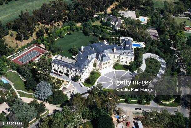 Helicopter photograph of the Holmby Hills home of Aaron Spelling coming towards the end of its construction Spelling bought the 6-acre property of...